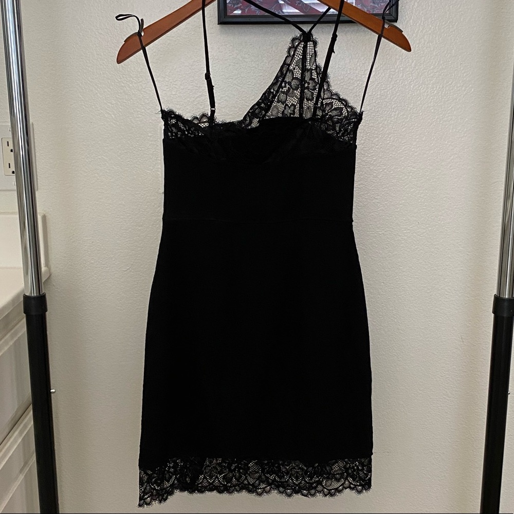Free People Premonitions Black Lace One-Shoulder Bodycon Slip Dress Size XS